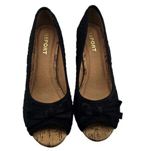 Report Ashlyn Womens 8.5 Black Lace Peep Toe Cork Wedge Sandals with Bow Accent